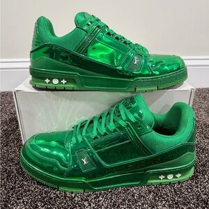 Louis Vuitton LV Green Metallic Patent Leather Trainer Shoes
